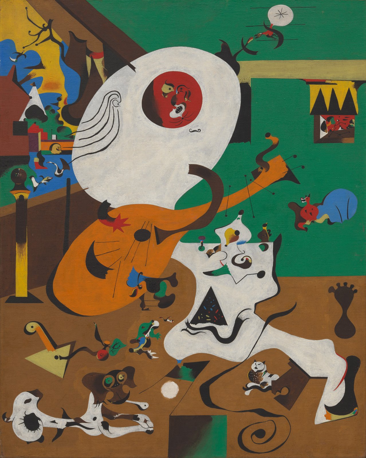 Colorful abstract interior with a large white figure, green walls, and a brown lute.