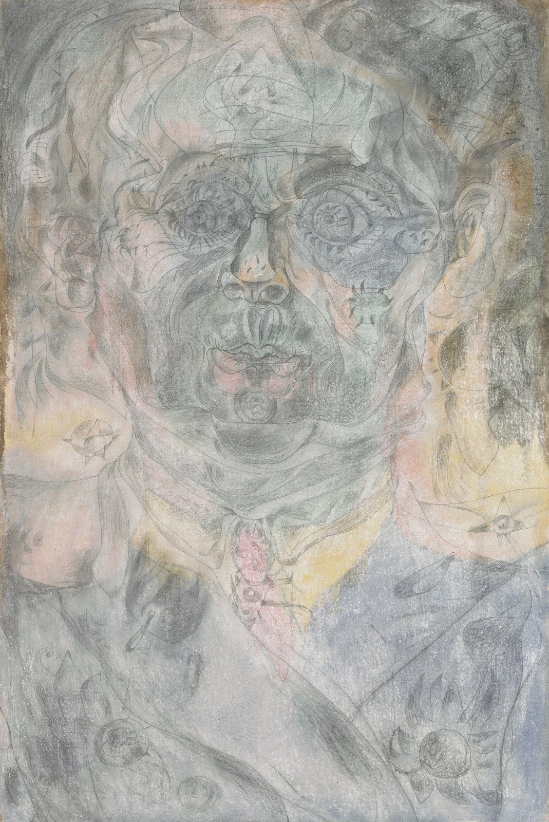 Miró’s finely drawn self-portrait with abstract eyes, stars, and looping lines.