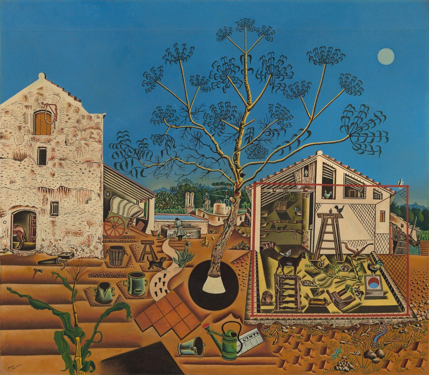 Joan Miró’s The Farm: a branching tree between farmhouse buildings, surrounded by animals, plants, and farm tools beneath a blue sky.
